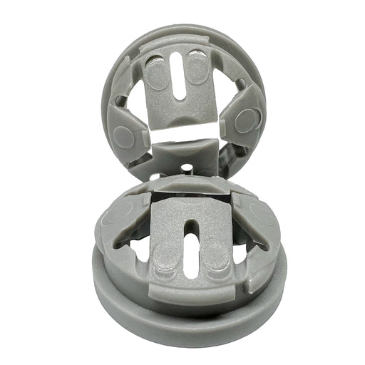 Pair of Dicio knockout Romex connectors showcasing easy snap installation