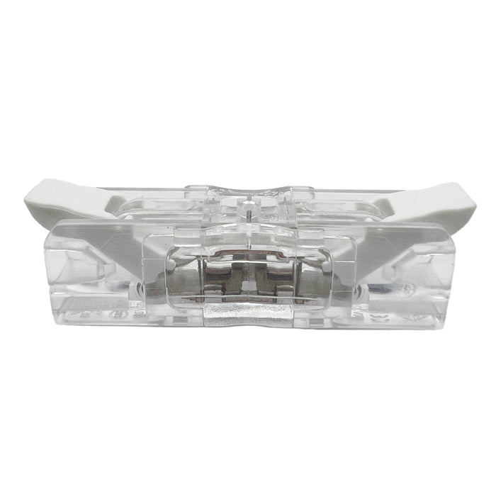 Side view of Dicio's clear 2-way inline lever connector, demonstrating easy wire insertion.