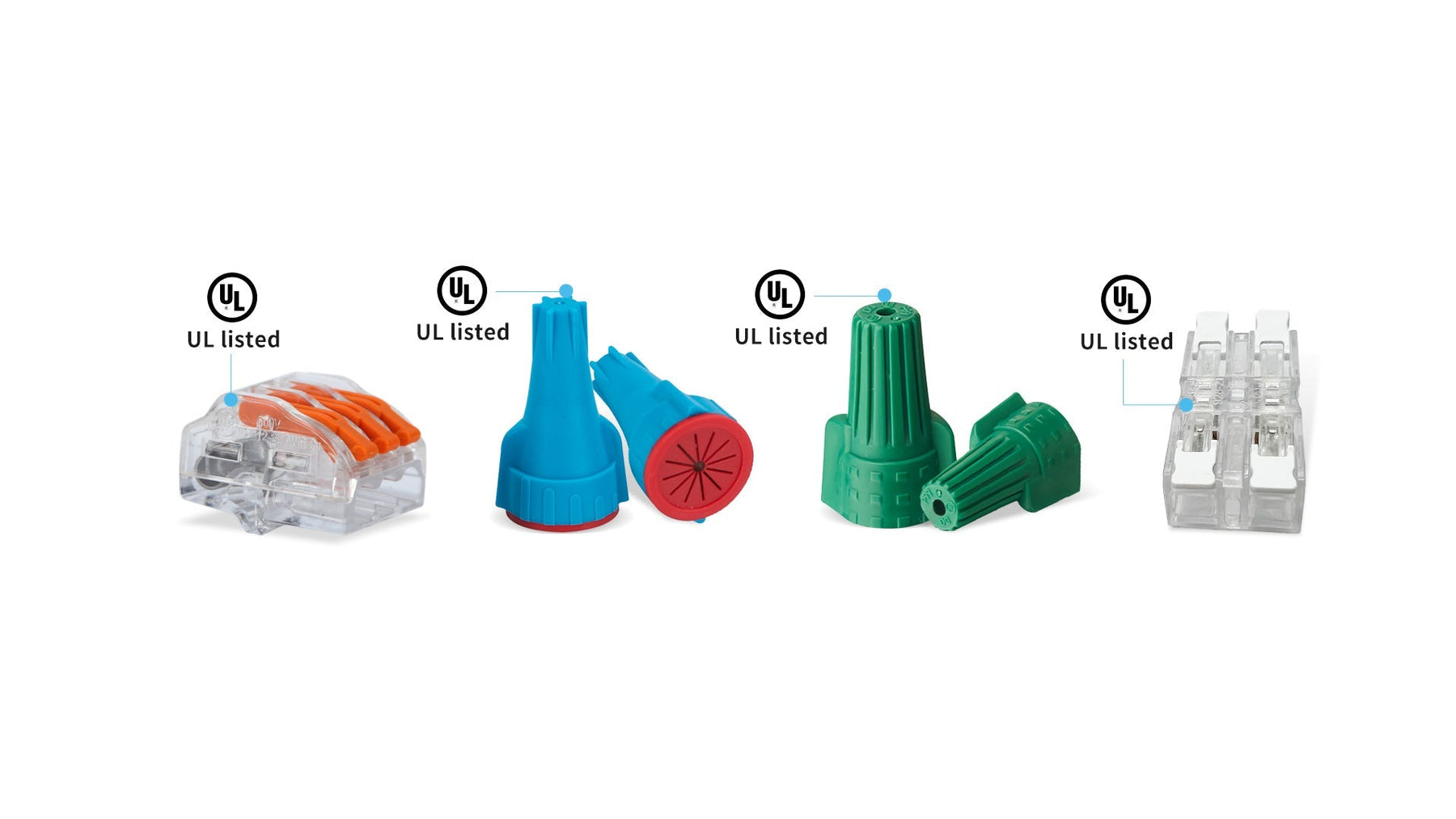 Assorted UL-listed Dicio wire connectors, including lever, push-in, inline, tap, and clear connectors for electrical wiring applications.