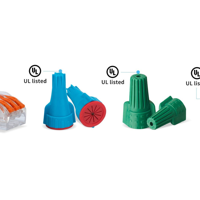 Assorted UL-listed Dicio wire connectors, including lever, push-in, inline, tap, and clear connectors for electrical wiring applications.