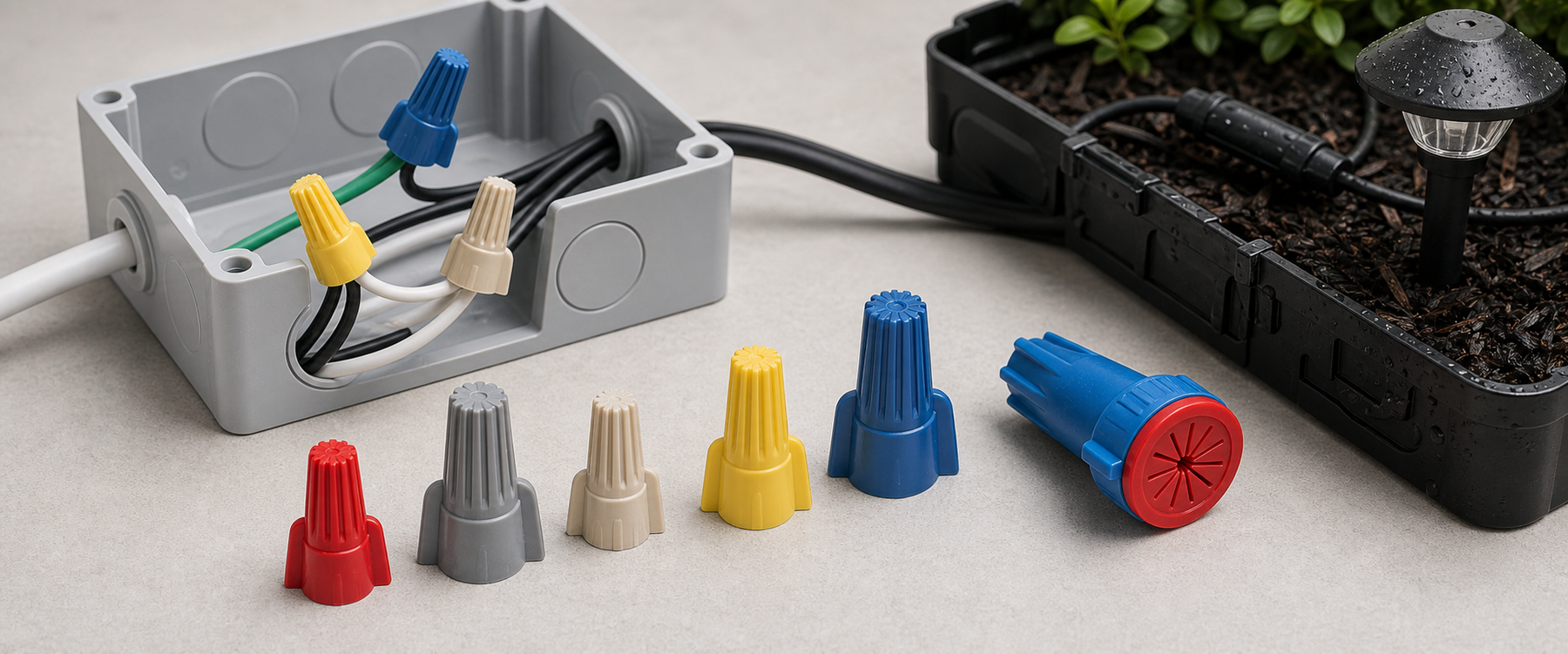 Photo of assorted twist-on wire nuts beside an electrical junction box and outdoor irrigation wiring setup