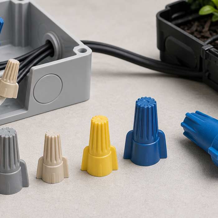 Photo of assorted twist-on wire nuts beside an electrical junction box and outdoor irrigation wiring setup