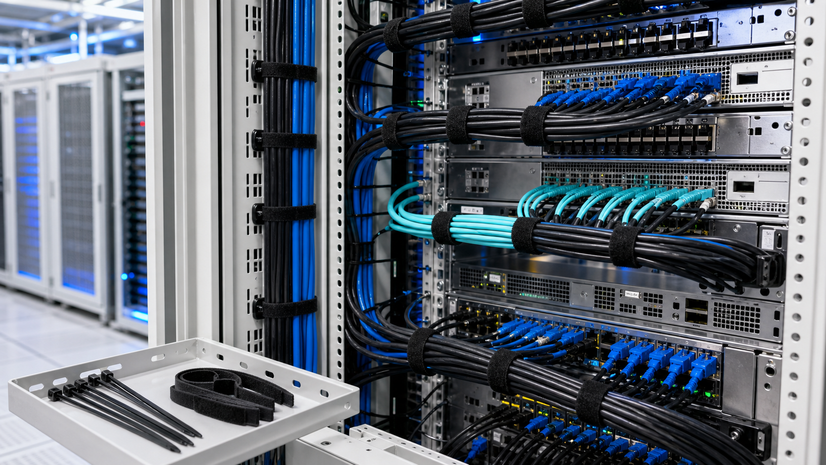 Data center server racks with neatly routed cable bundles.