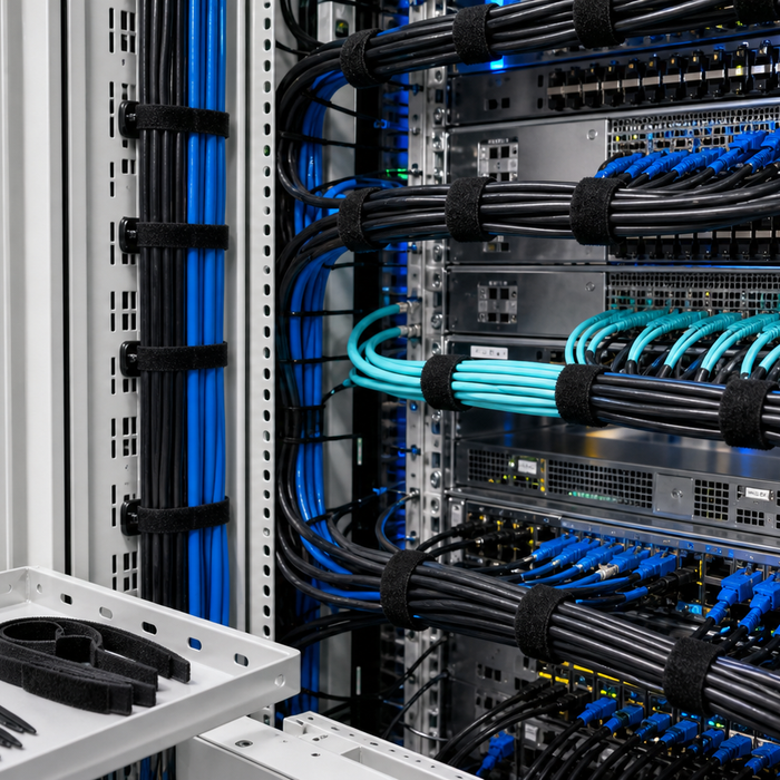 Data center server racks with neatly routed cable bundles.