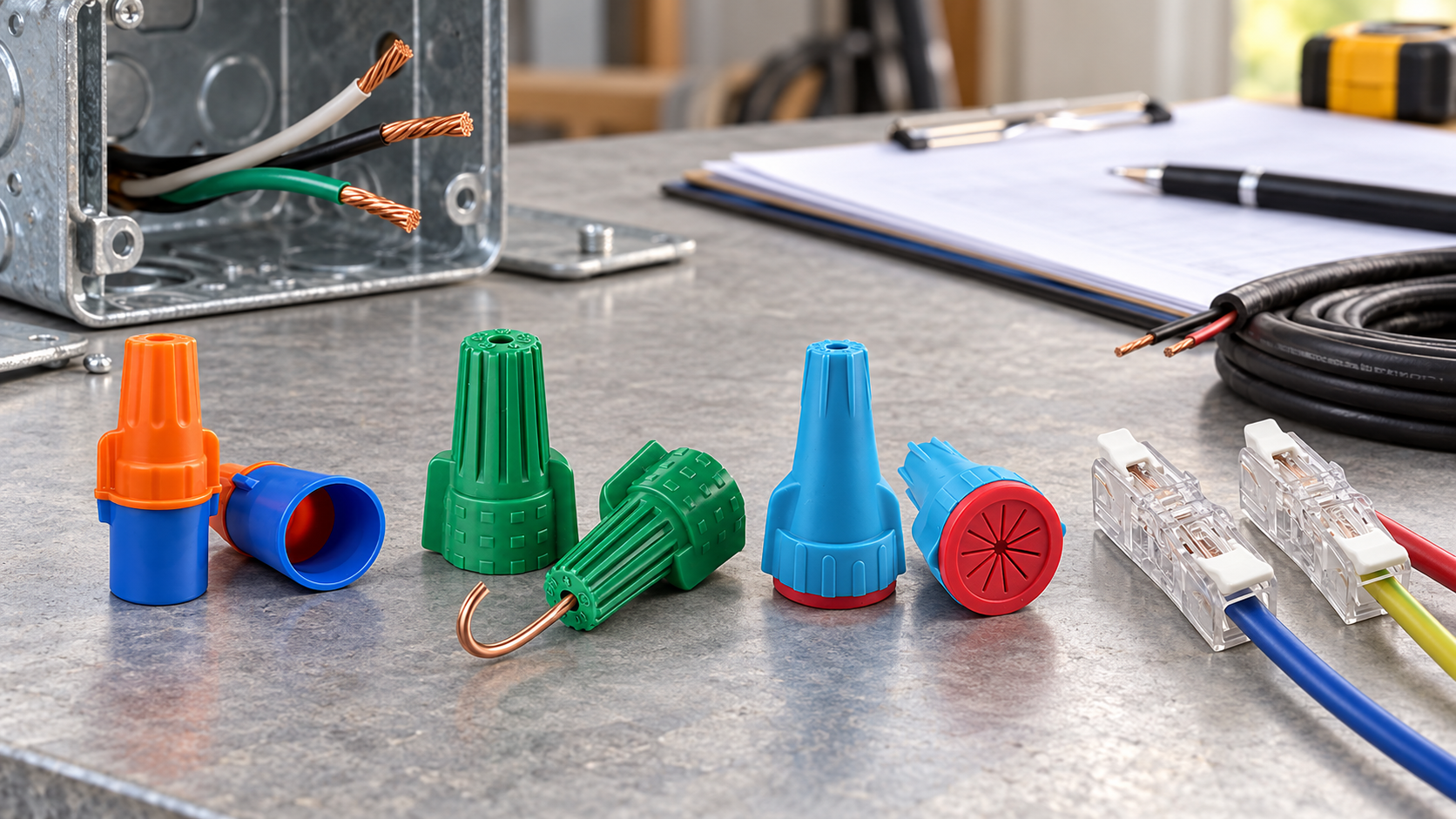 Dry-location, grounding, waterproof and inline wire connectors arranged for electrical specification and comparison.