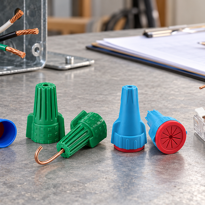 Dry-location, grounding, waterproof and inline wire connectors arranged for electrical specification and comparison.