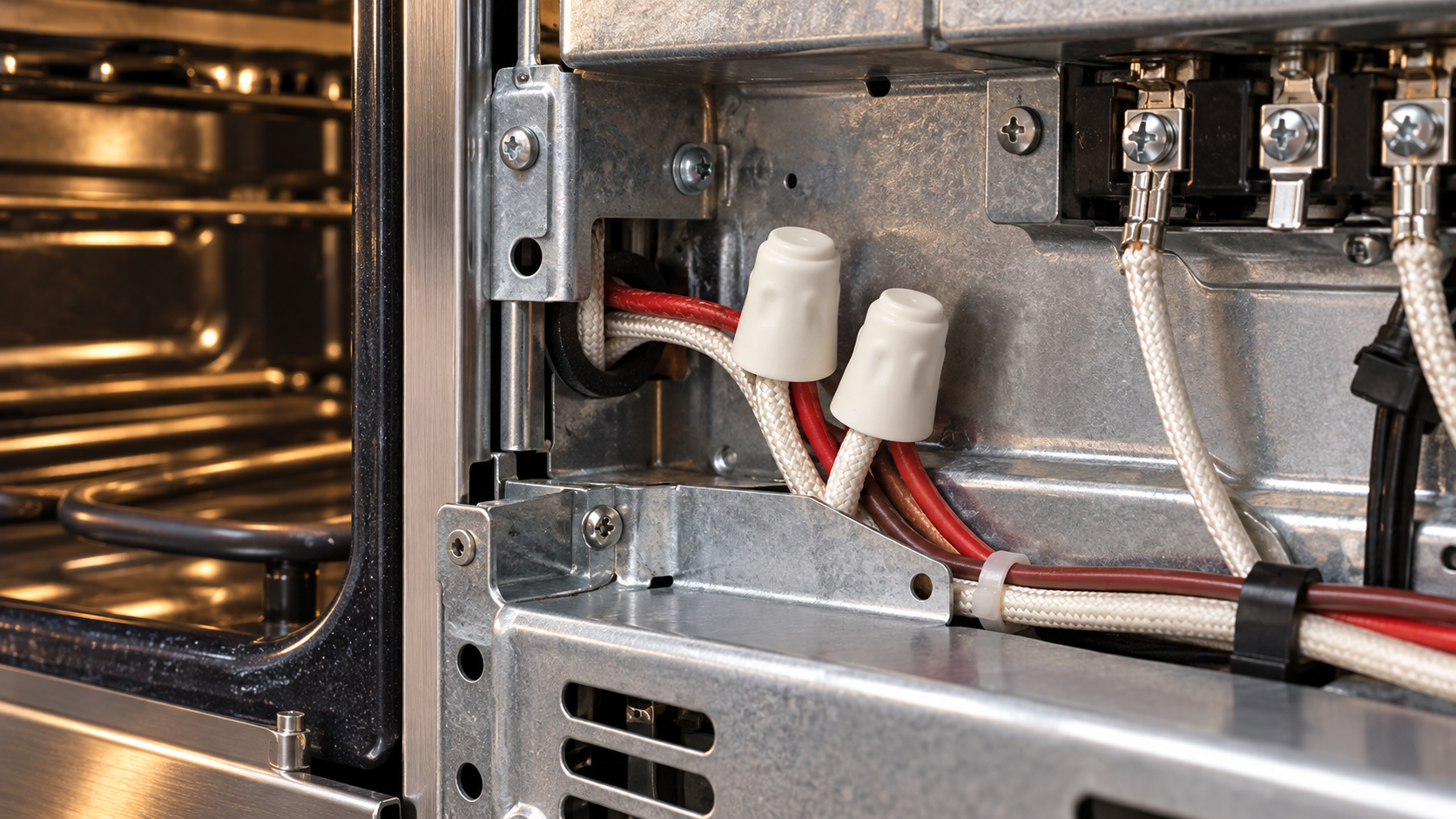 Ceramic wire nuts connecting high-temperature braided wiring inside an electric oven service compartment.
