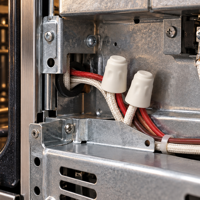 Ceramic wire nuts connecting high-temperature braided wiring inside an electric oven service compartment.