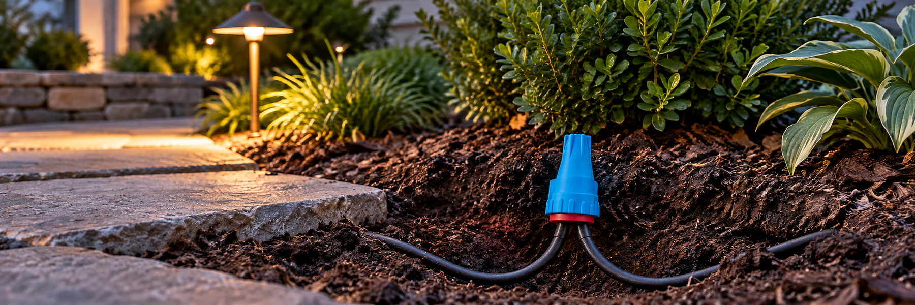 Dicio R3 waterproof wire connector joining low-voltage landscape lighting cables beside an illuminated garden path.