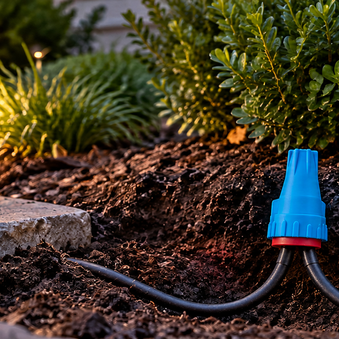 Dicio R3 waterproof wire connector joining low-voltage landscape lighting cables beside an illuminated garden path.