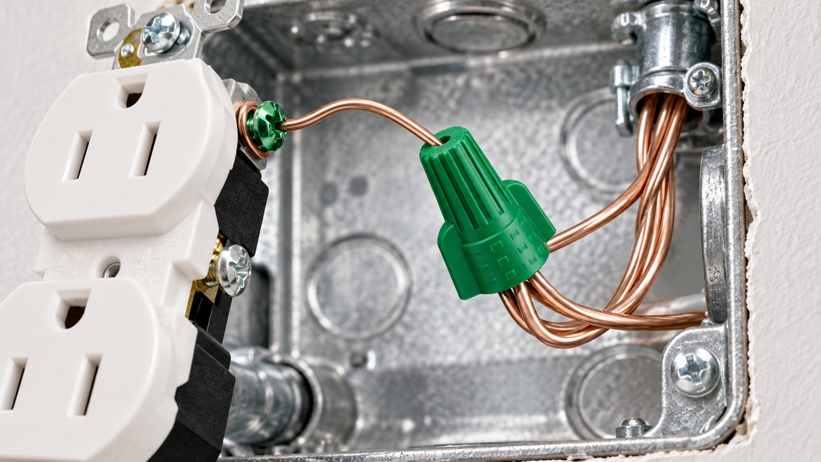 Green winged ground wire connector with pass-through hole joining copper grounding wires inside an electrical box.