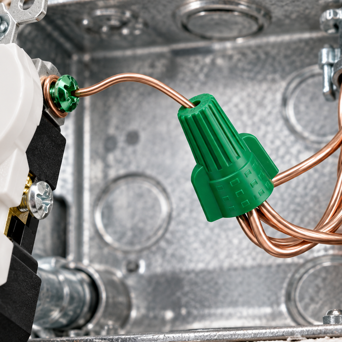 Green winged ground wire connector with pass-through hole joining copper grounding wires inside an electrical box.