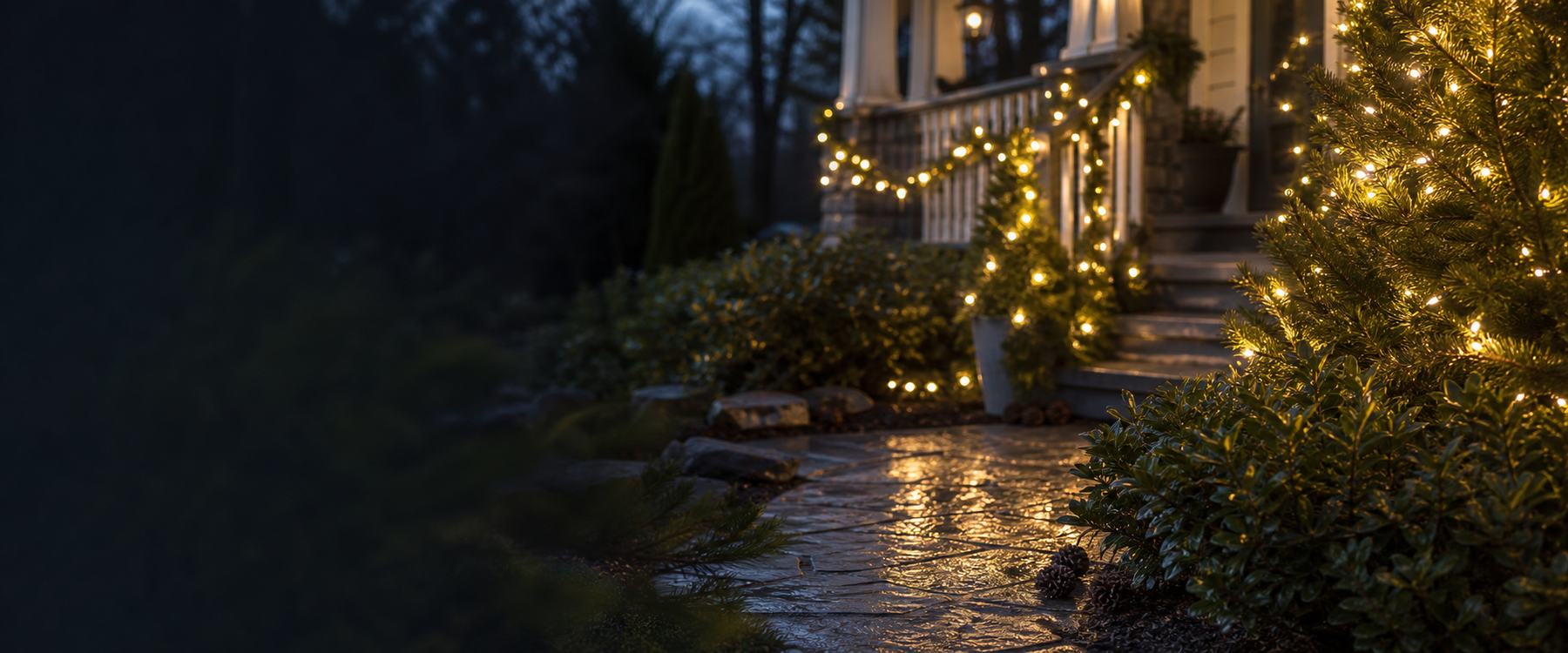 Outdoor holiday lights decorating a home's front porch and pathway at night with warm white string lighting.