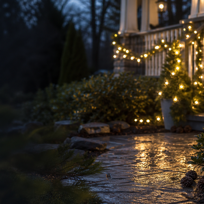 Outdoor holiday lights decorating a home's front porch and pathway at night with warm white string lighting.