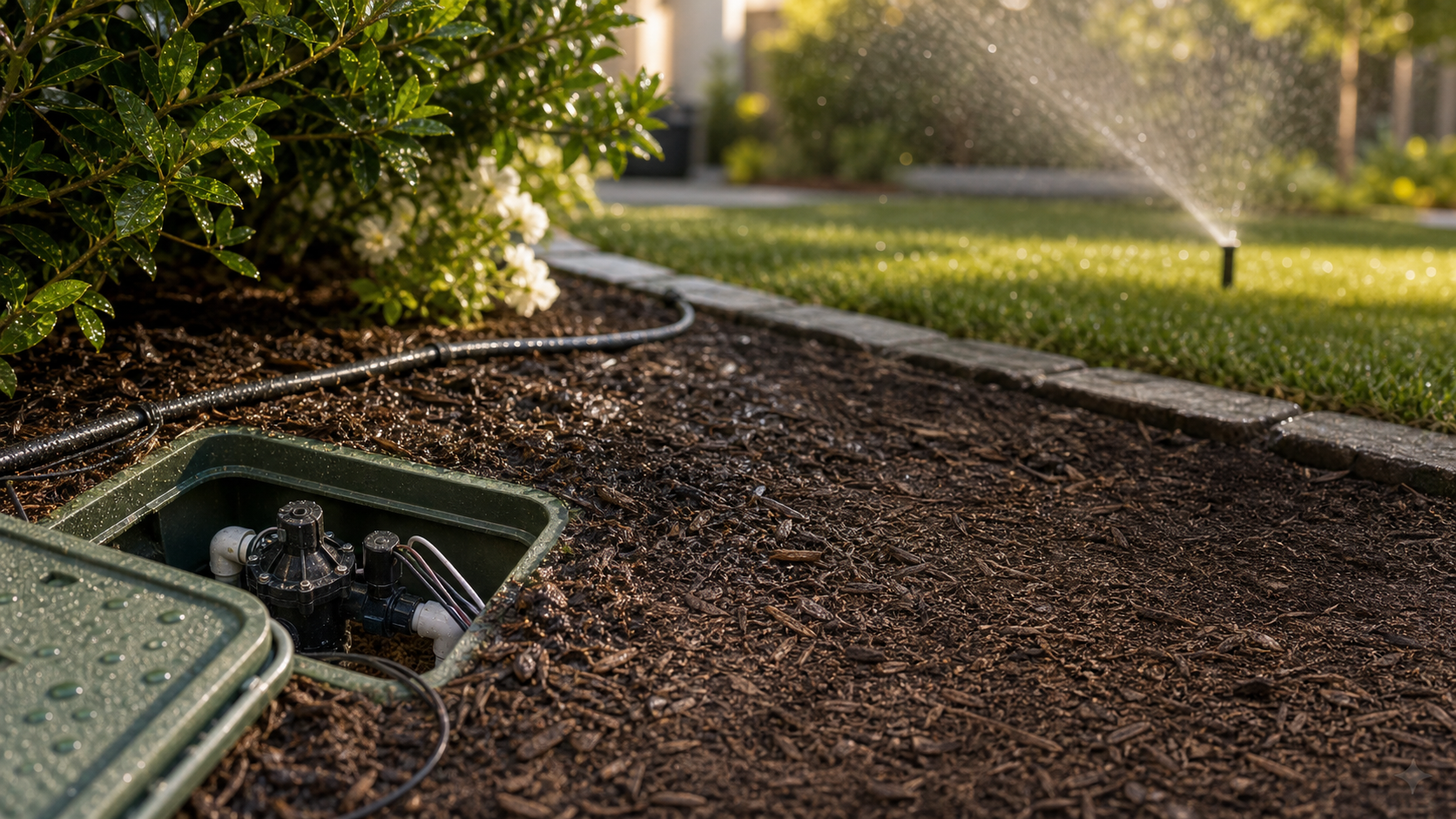 Sprinkler system watering a lawn beside an open irrigation valve box with underground wiring and connectors.