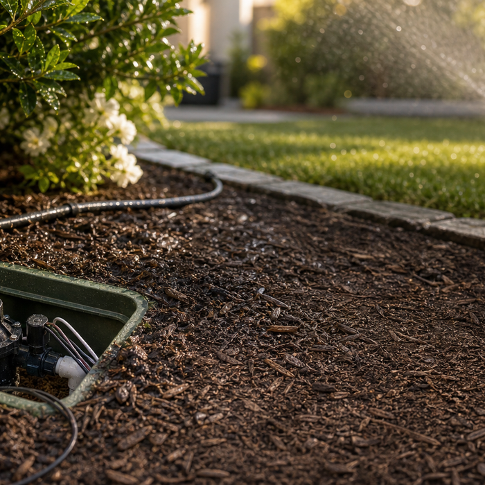 Sprinkler system watering a lawn beside an open irrigation valve box with underground wiring and connectors.