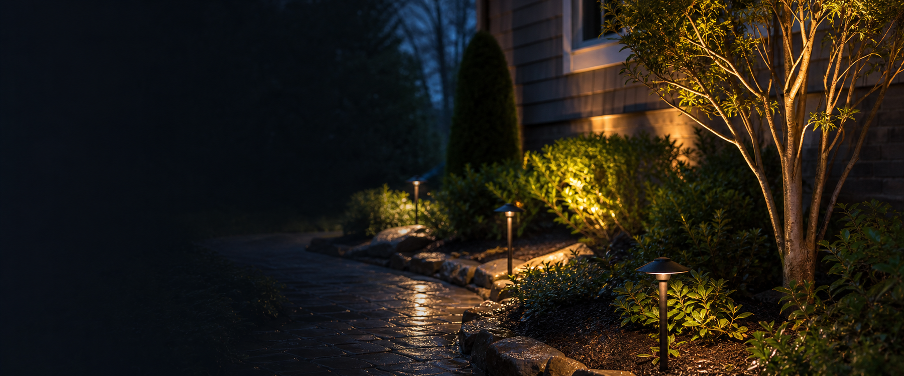 Landscape lighting illuminating a garden path and home exterior at night with low-voltage outdoor lights