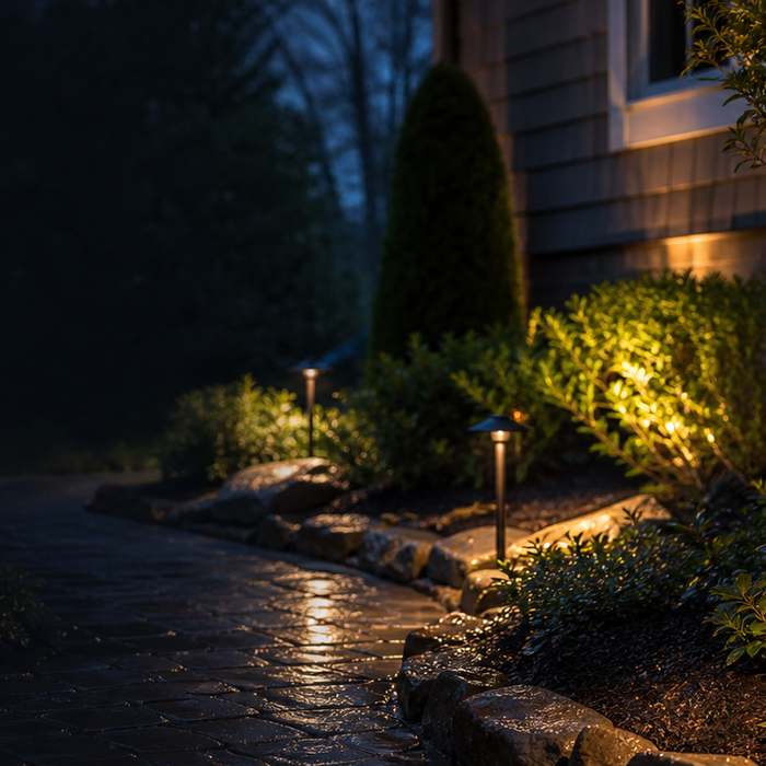 Landscape lighting illuminating a garden path and home exterior at night with low-voltage outdoor lights