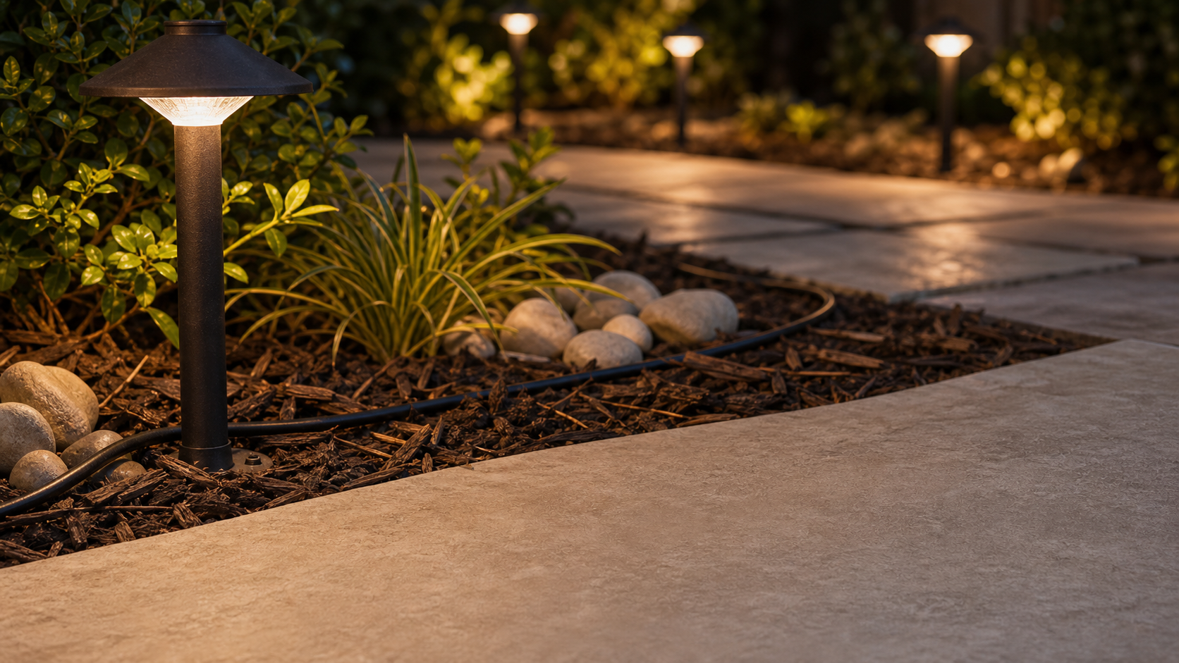 Low-voltage path lights illuminating a garden walkway at night.