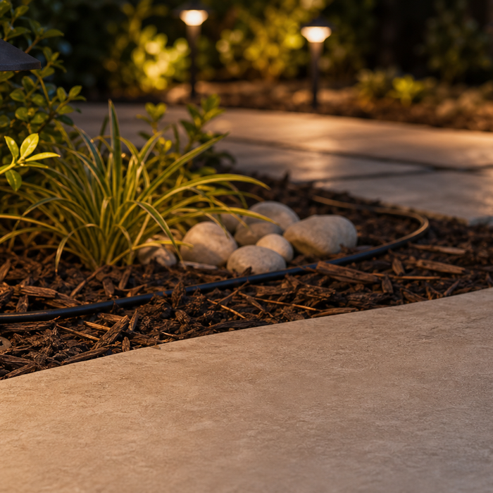 Low-voltage path lights illuminating a garden walkway at night.