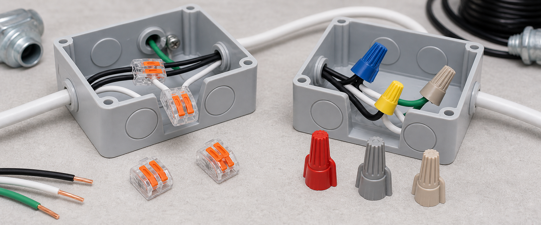 Electrical junction boxes showing lever connectors and twist-on wire nuts installed on household wiring, with connector samples displayed for comparison.