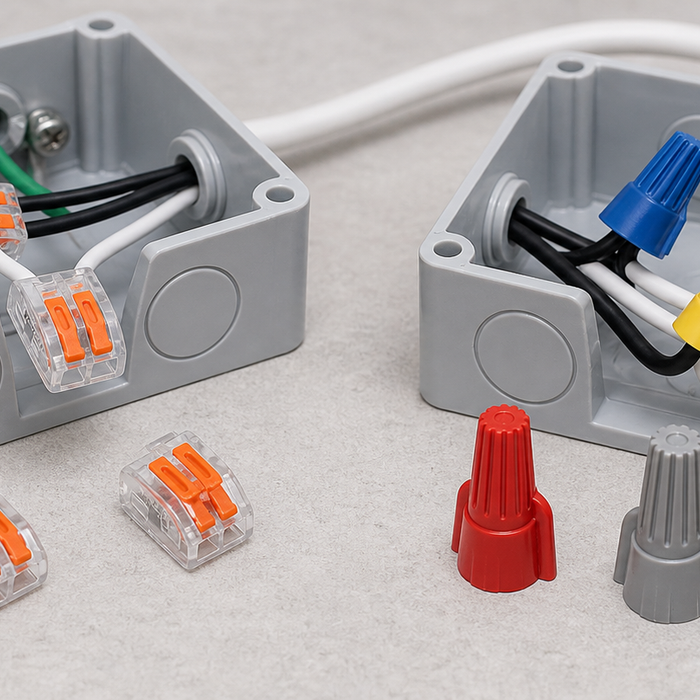 Electrical junction boxes showing lever connectors and twist-on wire nuts installed on household wiring, with connector samples displayed for comparison.