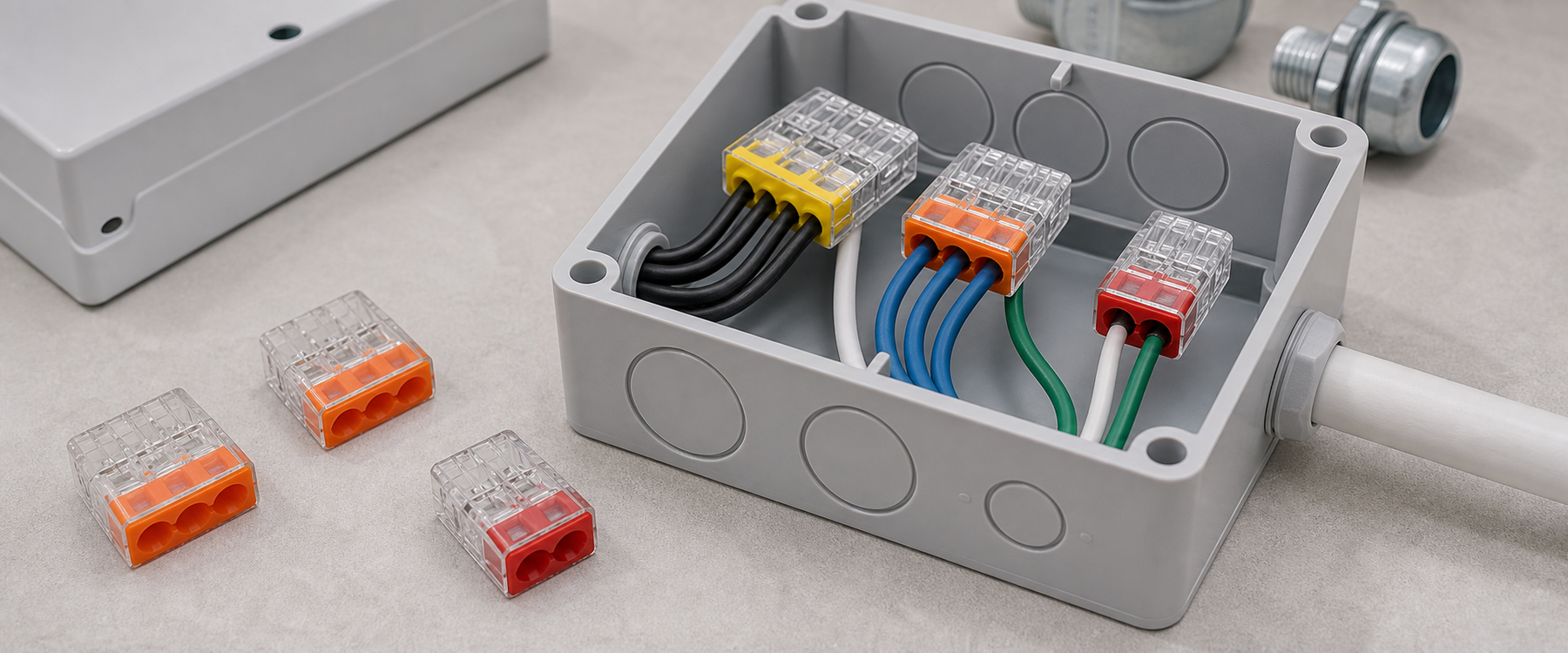 Open junction box with push-in wire connectors joining colored electrical wires, with extra connectors placed beside the box.