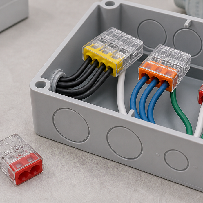 Open junction box with push-in wire connectors joining colored electrical wires, with extra connectors placed beside the box.