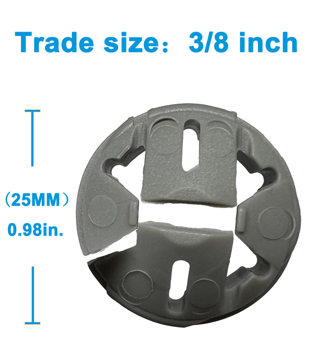 Close-up of the 3/8 inch trade size on Dicio knockout connector for precise fit