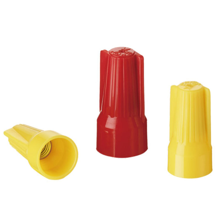 Dicio Easy-CAP wire connectors, with two yellow and one red, showcasing the range suitable for most wiring projects.