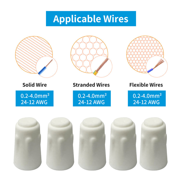 Assorted sizes of ceramic wire nuts capable of accommodating different AWG wires, with clearly labeled specifications for safe and effective electrical connections.