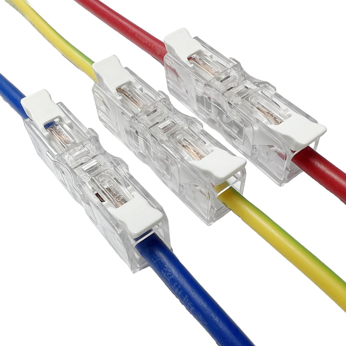 2-way Dicio inline wire connector, clear and certified for electrical safety.