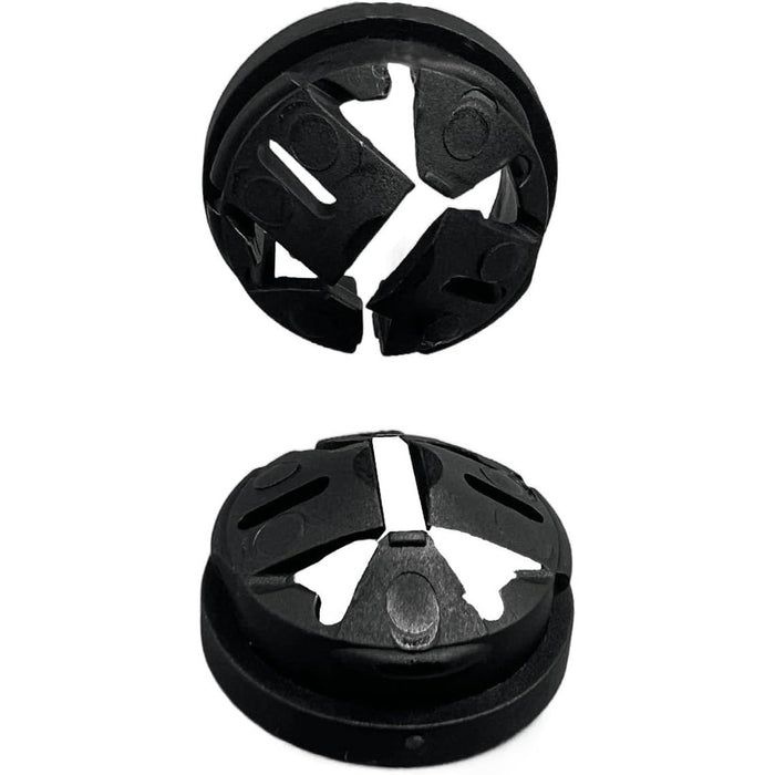 Two black plastic components on a white background