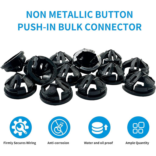 Black non-metallic button push-in bulk connectors with features on a white background