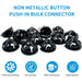 Black non-metallic button push-in bulk connectors with features on a white background