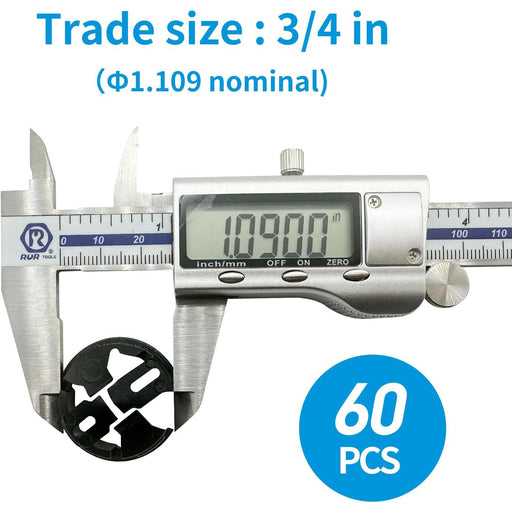 Digital caliper measuring a black object with text indicating trade size and quantity on a white background