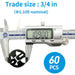 Digital caliper measuring a black object with text indicating trade size and quantity on a white background