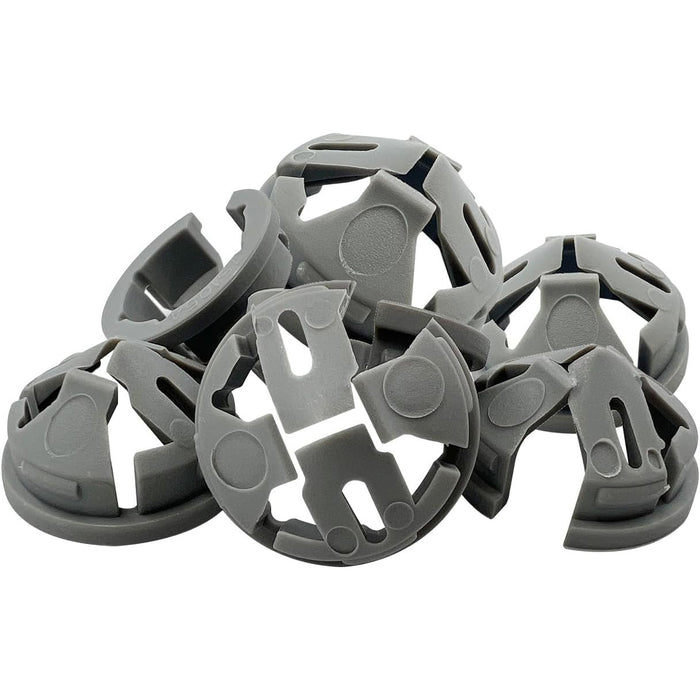 Stack of gray plastic clips on a white background