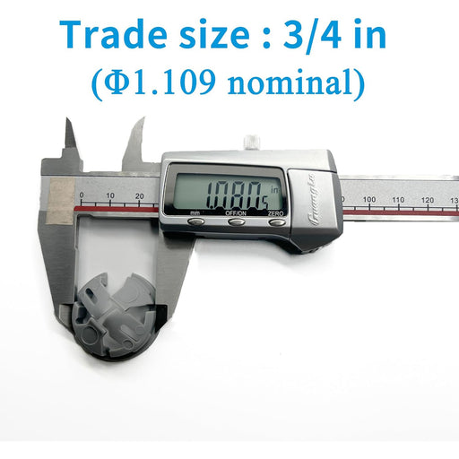 Digital caliper measuring a component with text indicating trade size.