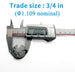 Digital caliper measuring a component with text indicating trade size.