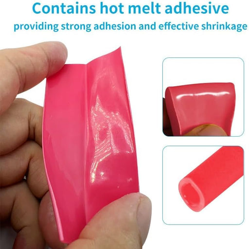 Pink adhesive strip held by a hand with text about hot melt adhesive properties.