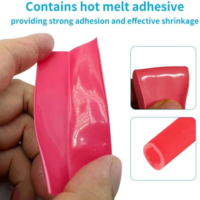 Pink adhesive strip held by a hand with text about hot melt adhesive properties.