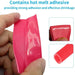 Pink adhesive strip held by a hand with text about hot melt adhesive properties.