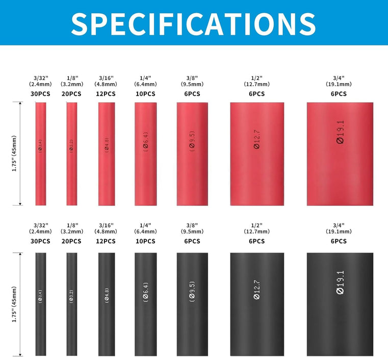 Specifications chart with red and black Heat Shrink Tubing Kit and their dimensions.