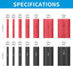 Specifications chart with red and black Heat Shrink Tubing Kit and their dimensions.