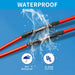 Red and black Heat Shrink Tubing Kit with water splashing over them on a blue background, featuring waterproof certification logos.