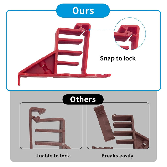 Red Wire Staples with 'Snap to lock' feature compared to other clips labeled 'Unable to lock' and 'Breaks easily'.