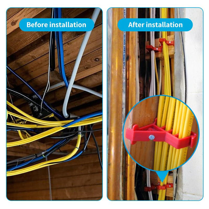 Before and after installation of cable management system with colorful cables.