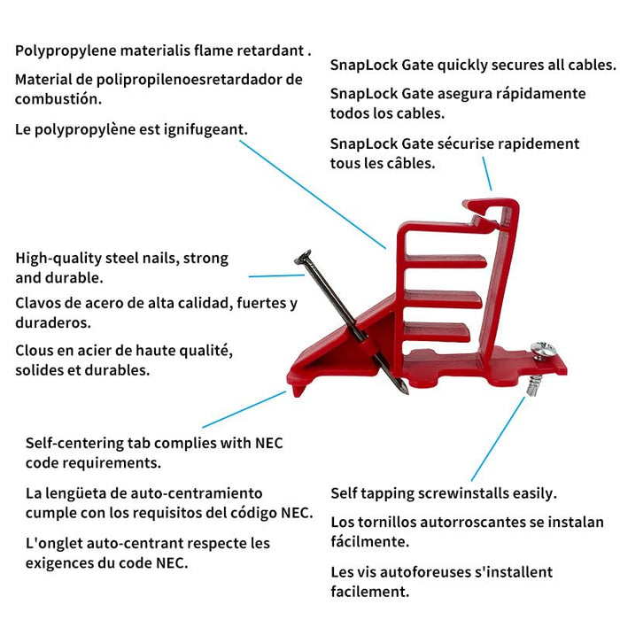 Red Wire Staples with text describing its features on a white background