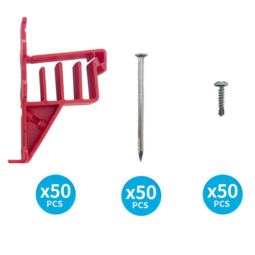 Red Wire Staples, two nails, and three screws on a white background with quantity labels.